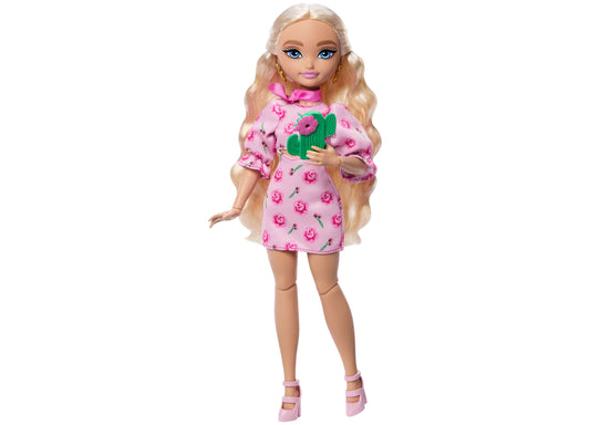 Barbie doll with long blonde wavy hair, blue eyes, wearing pink floral dress with puff sleeves, pink bow collar, and pink platform sandals, holding green cactus