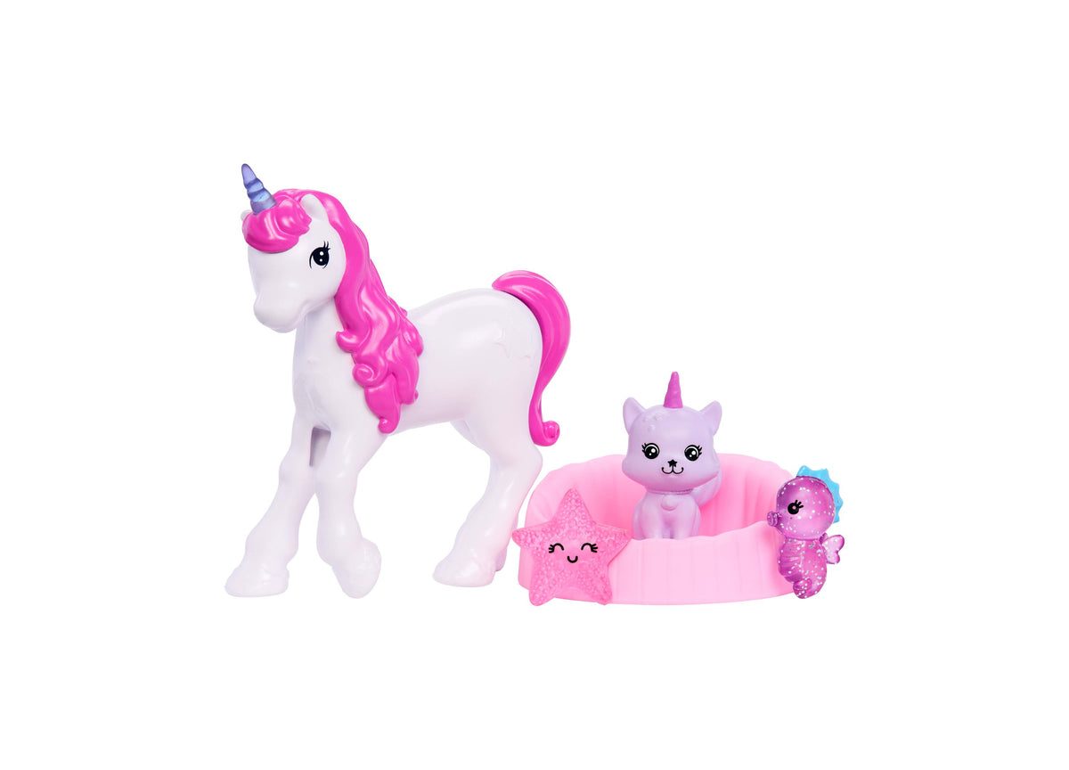 Barbie Fantasy-Themed Advent Calendar with pink-haired doll, unicorn, cat, star, and accessories