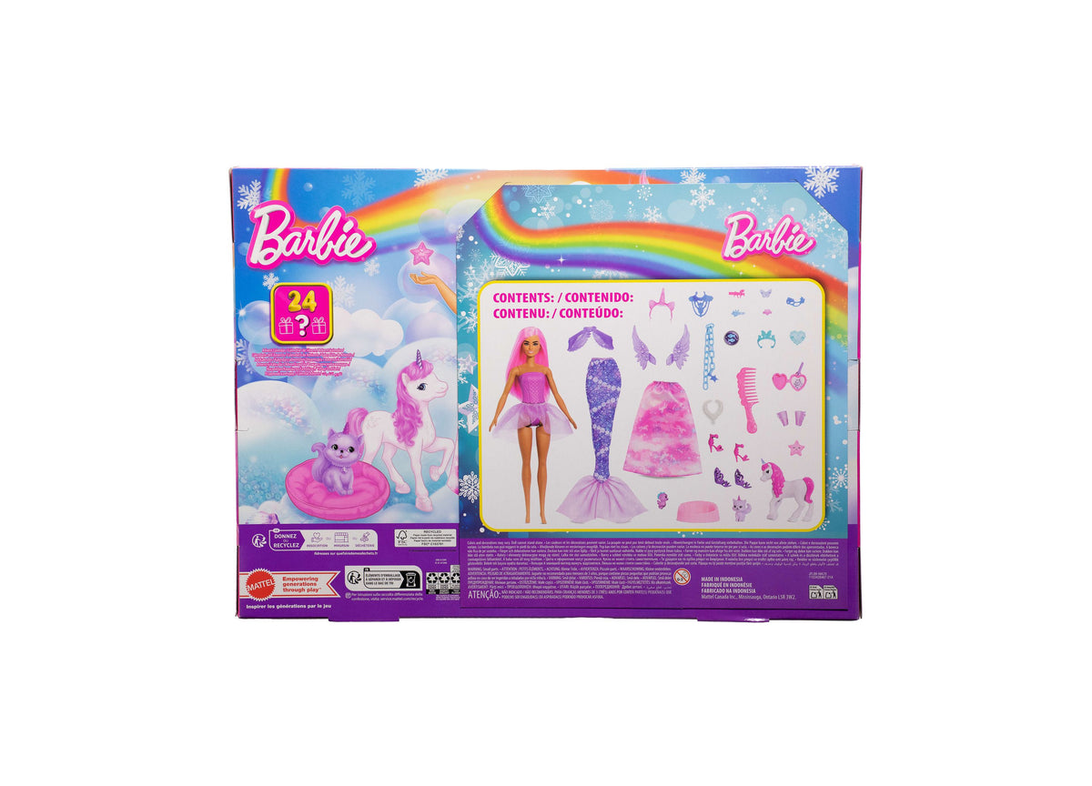 Barbie Fantasy-Themed Advent Calendar with pink-haired doll, mermaid tail, fairy wings, unicorn pet, and 24 magical a...