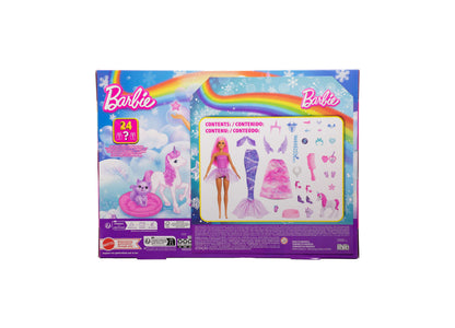 Barbie Fantasy-Themed Advent Calendar with pink-haired doll, mermaid tail, fairy wings, unicorn pet, and 24 magical a...