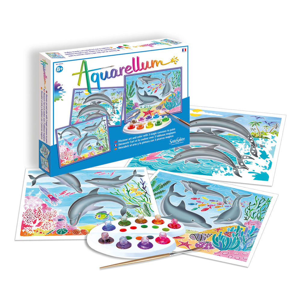 Aquarellum Dolphins watercolor art kit with box, four illustrated sheets featuring dolphins and ocean scenes, paint palette with multiple colors, and brush