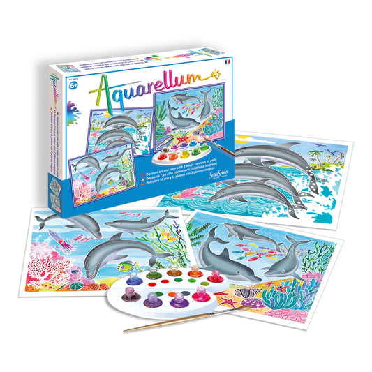 Aquarellum Dolphins watercolor art kit with box, four illustrated sheets featuring dolphins and ocean scenes, paint palette with multiple colors, and brush