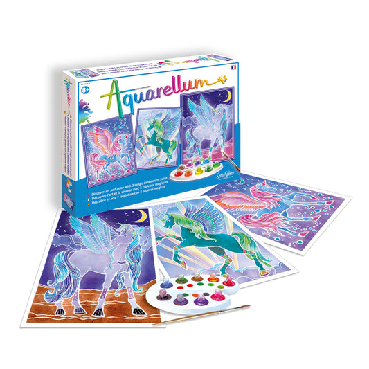 Aquarellum Pegasus watercolor painting set with box, three canvas boards featuring magical winged horses, palette of colorful paints, and brush