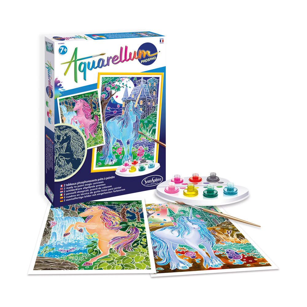 Aquarellum Phospho Unicorns watercolor painting kit with box, two pre-printed unicorn paintings, palette of colorful paints, and brush