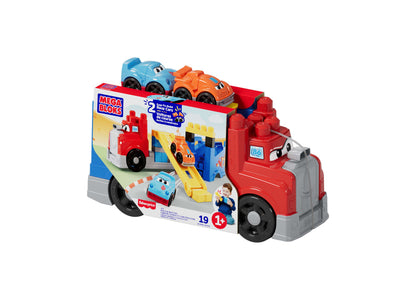Mega Bloks First Builders Build and Race Rig red truck toy with blue and orange race cars
