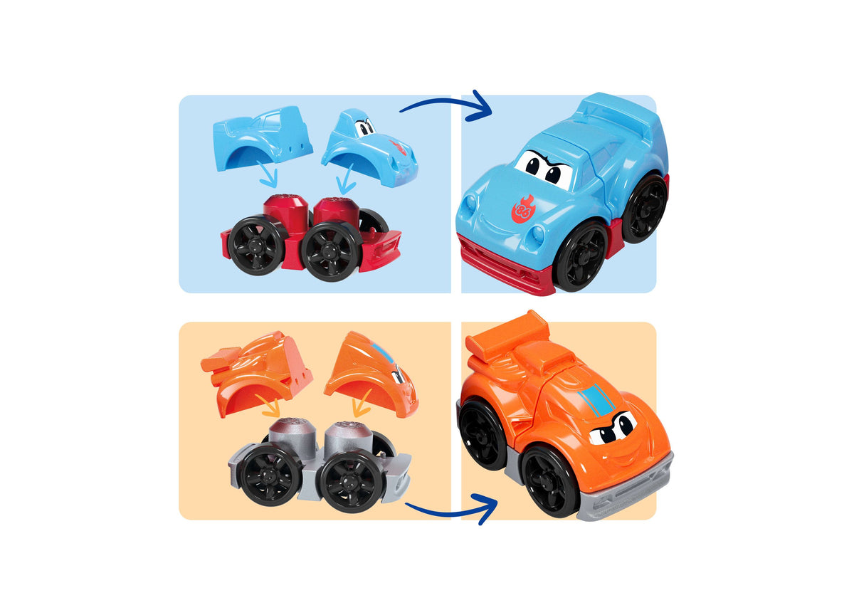 Mega Bloks First Builders Build and Race Rig with blue and orange toy cars, interchangeable parts
