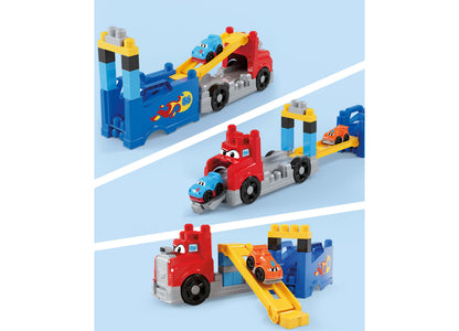 Mega Bloks First Builders Build and Race Rig with colorful block pieces and toy cars