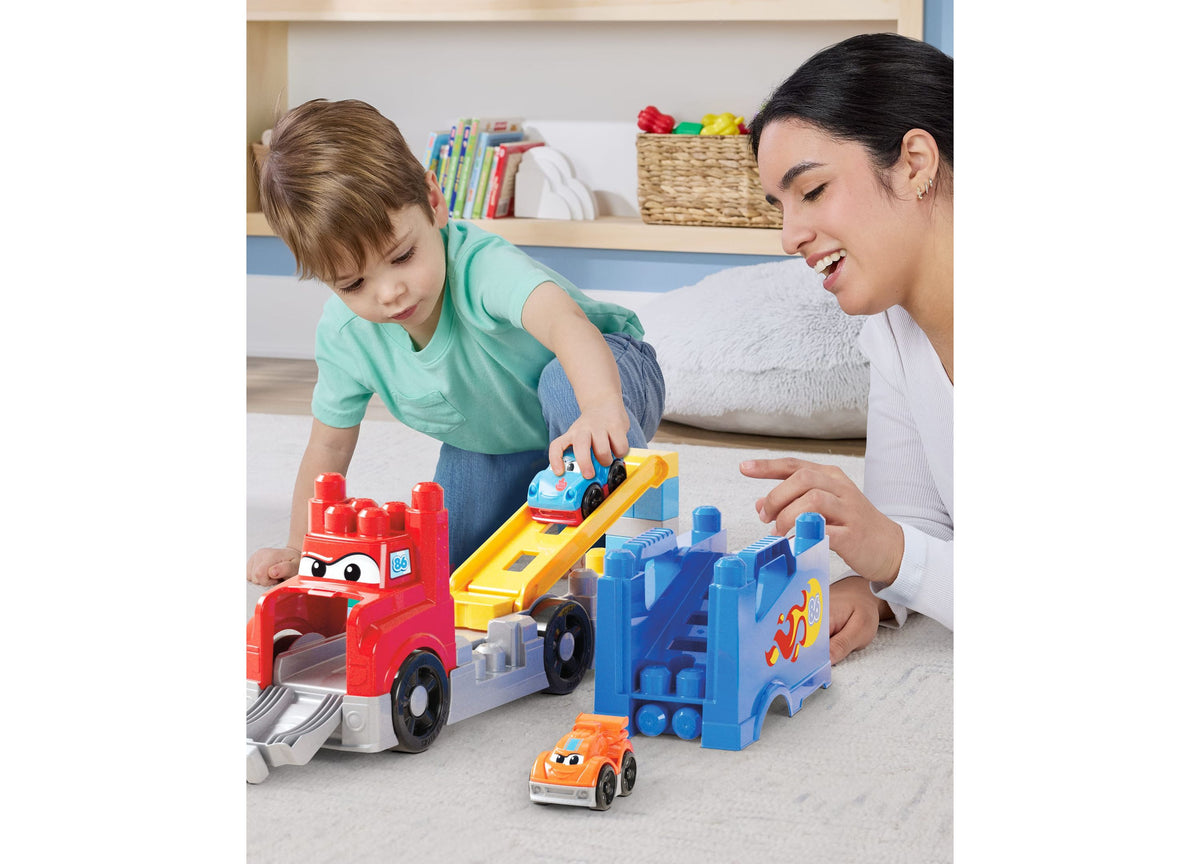 Mega Bloks First Builders Build and Race Rig with colorful blocks and toy cars