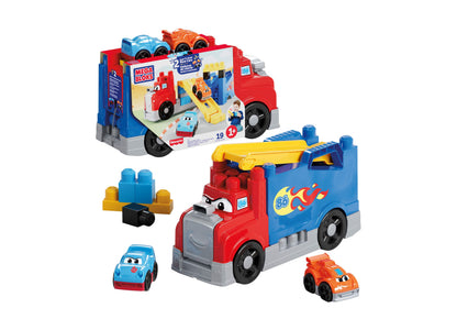 Mega Bloks First Builders Build and Race Rig with red truck, blue blocks, and toy cars