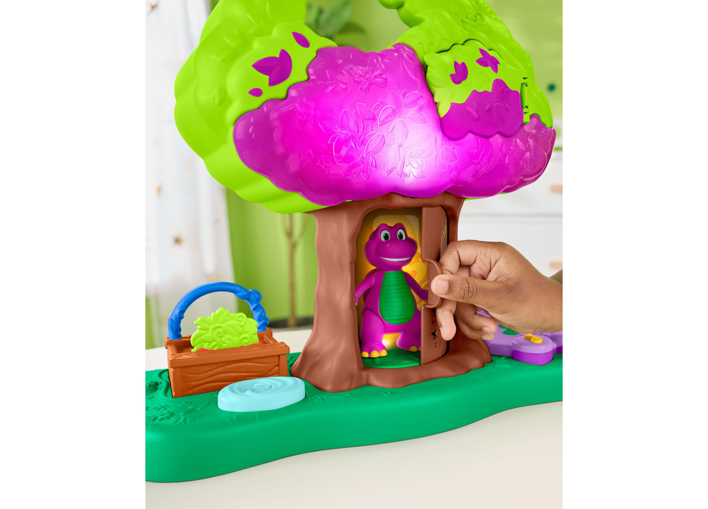 Barney's World Treehouse Playset with purple Barney figure, bright green and pink tree, brown trunk, and accessories
