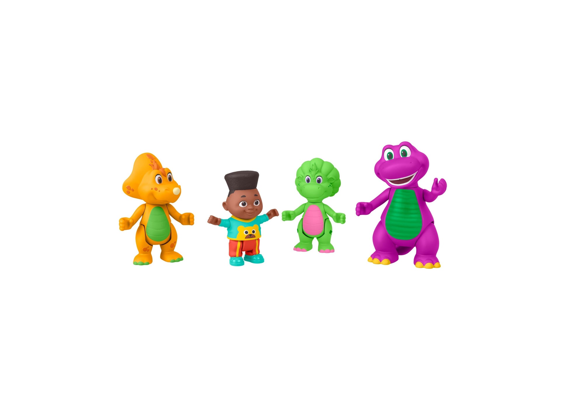 Four colorful character figures from Barney's World: orange dinosaur with green belly, child character in turquoise shirt, green dinosaur with pink belly, and p