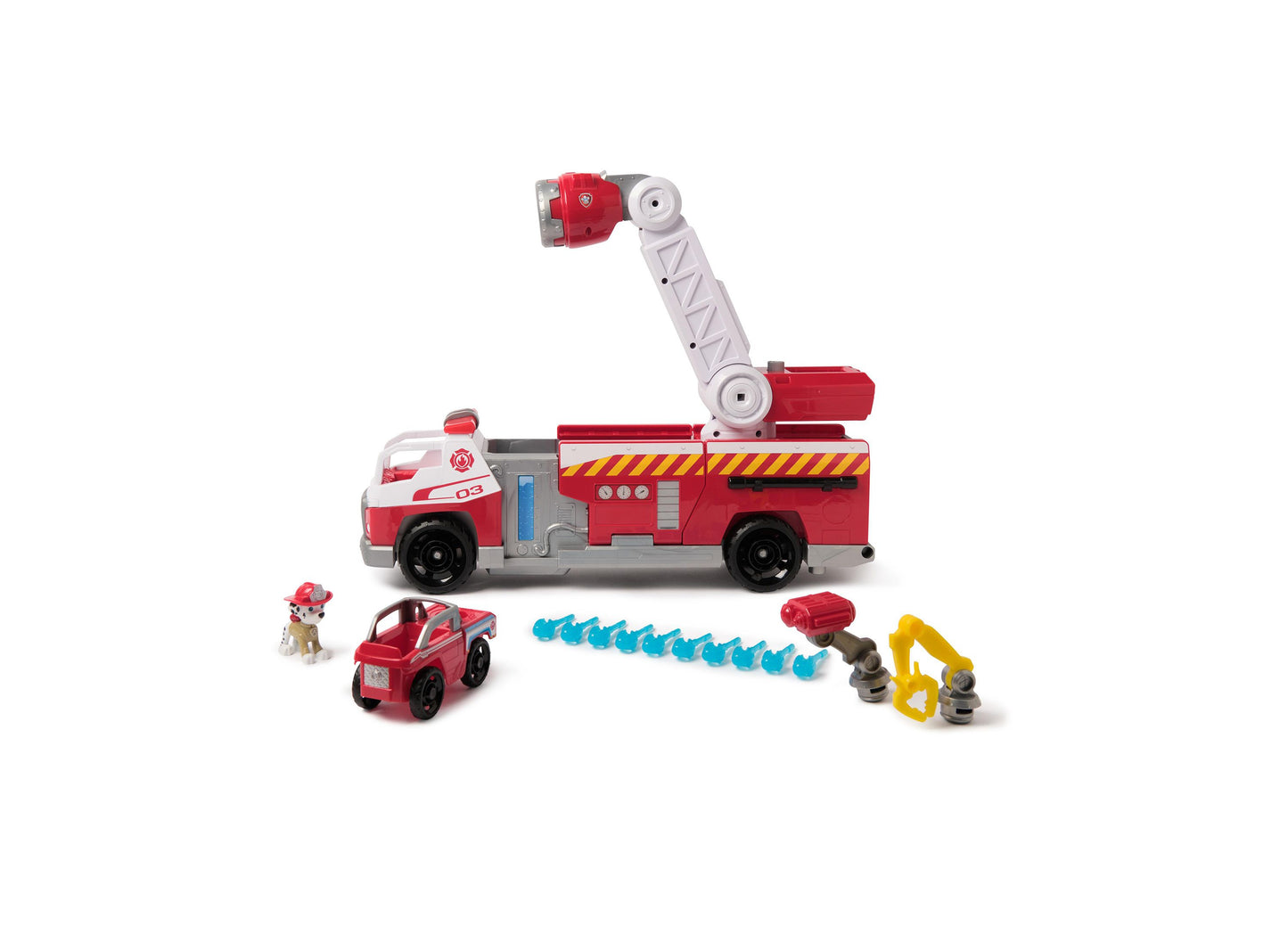 Paw Patrol Fire Rescue Rapid Reload Fire Truck playset with red fire truck, articulated crane, small pup figure, red car, water cannons, and yellow excavator ac