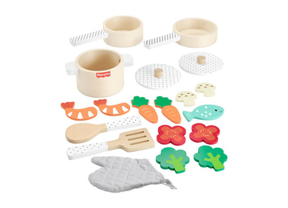 Fisher Price wooden kitchen playset with cream pots, pans, utensils, perforated trivets, oven mitt, and colorful wooden food pieces including carrots, lobsters,