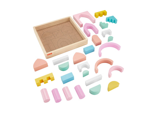 Wooden tray with engraved design and 28 colorful building blocks in pink, blue, yellow, white, and green shapes including cylinders, arches, domes, and wedges
