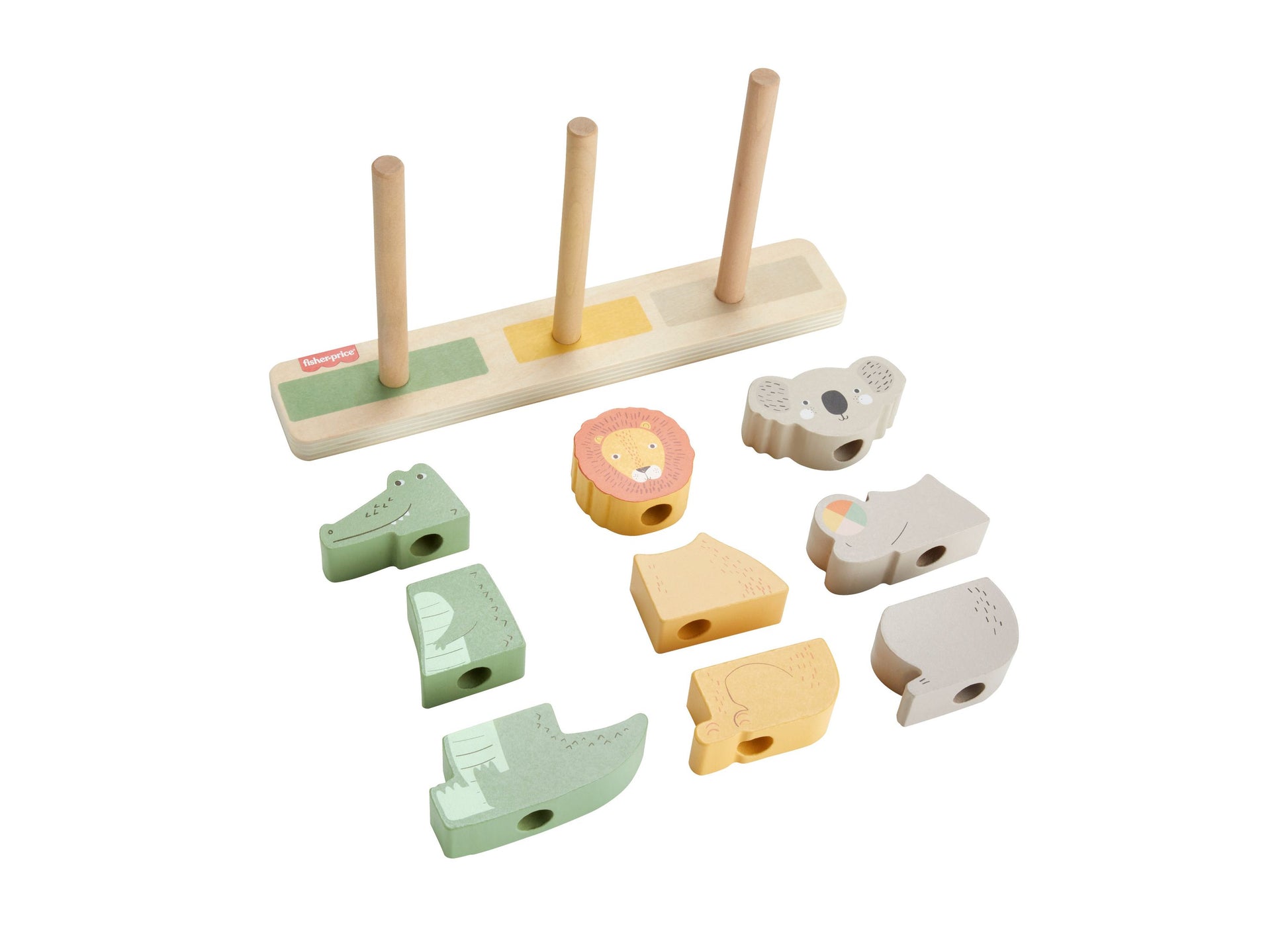 Wooden stacking toy with three pegs on a base and animal-shaped pieces including a crocodile, lion, cheese, and elephant in green, yellow, and beige