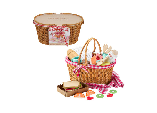 Fisher-Price 31-piece wooden picnic play set with woven baskets, pink gingham ribbon, wooden food pieces, utensils, plates, and fabric accessories