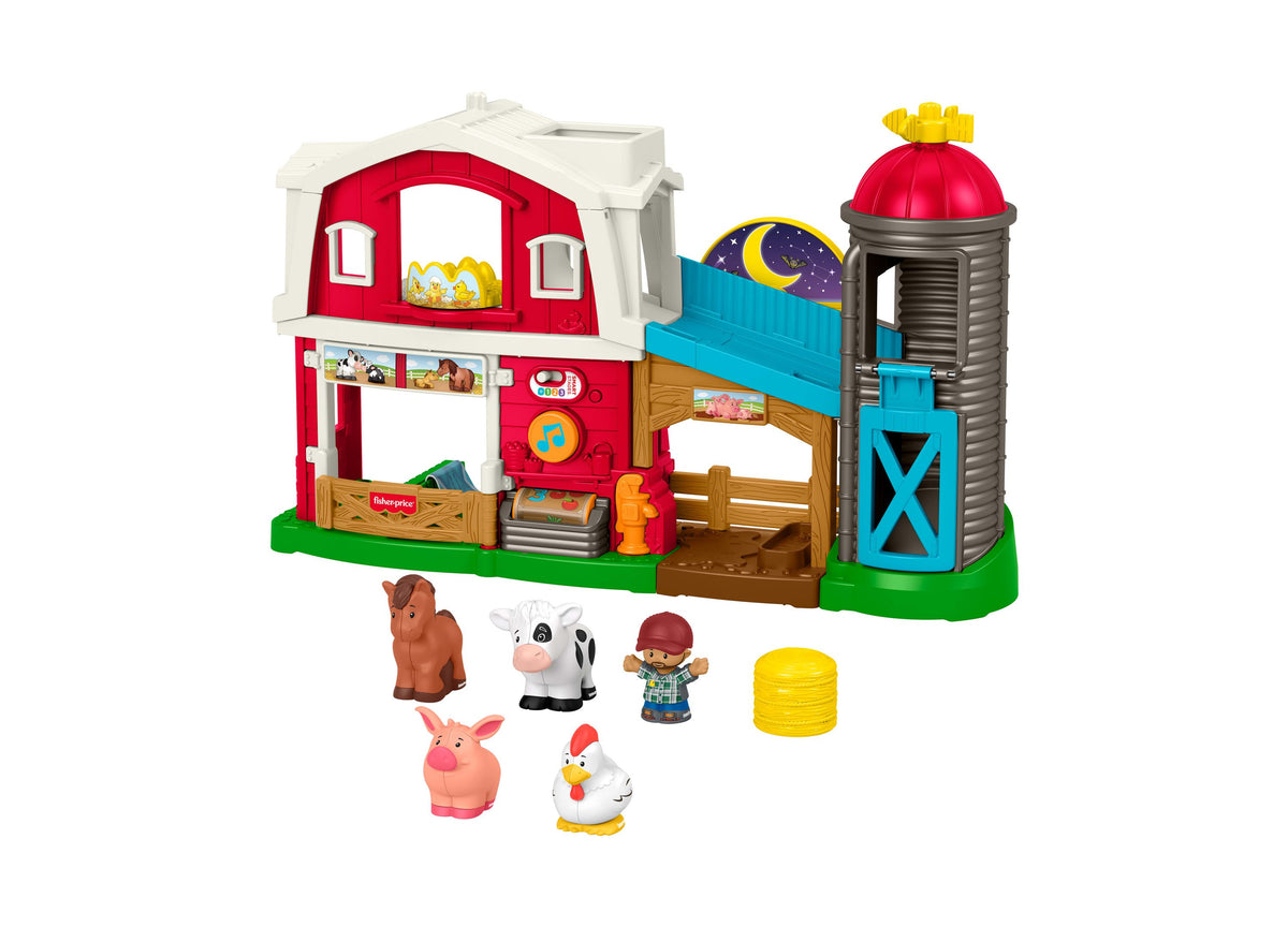 Fisher-Price Little People Caring Fun Animal Farm Playset with red barn, silo, farmer figure, and four animal characters