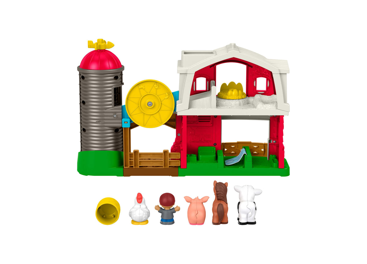 Fisher-Price Little People Caring Fun Animal Farm Playset with red barn, silo, farmer figure, and four animal characters