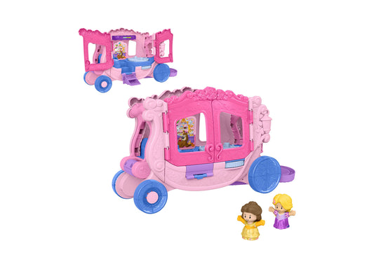 Fisher-Price Little People Disney Princess Musical Carriage playset in pink with blue wheels, includes two small character figures in yellow and purple dresses
