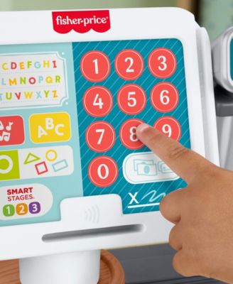 Fisher Price Laugh and Learn Count and Shop Cash Register toy with numbered buttons 1-9 and 0, child's hand pointing ...