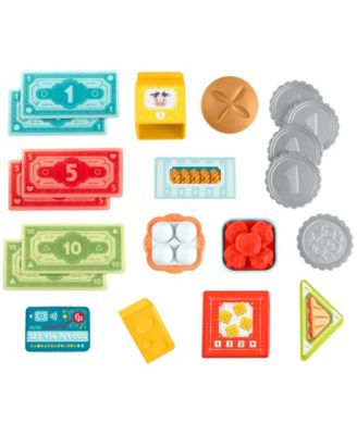 Fisher Price Laugh and Learn Count and Shop Cash Register toy set with colorful play coins, bills, food items, and ac...