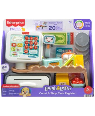 Fisher Price Laugh and Learn Count and Shop Cash Register toy set with purple packaging, white register, colorful pla...
