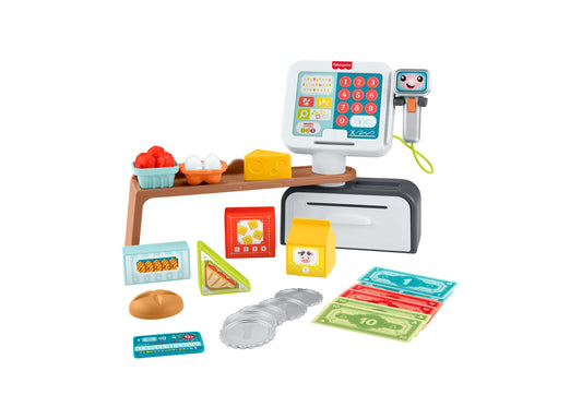 Fisher Price Laugh and Learn Count and Shop Cash Register set with interactive register, cash drawer, play food items, pretend grocery products, play money, and