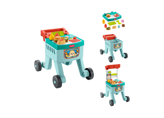 Fisher-Price Laugh and Learn 4-in-1 Snack Cart Walker with turquoise base, red canopy, play food pieces, and multiple configuration options displayed