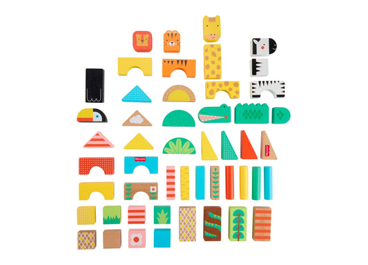 Fisher Price Jungle Adventure 50-piece wooden block set with animal-shaped and patterned blocks in bright colors on plain background