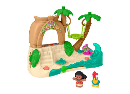 Fisher-Price Little People Moana Adventure Village playset with tan island base, palm trees, swing, and two small character figures