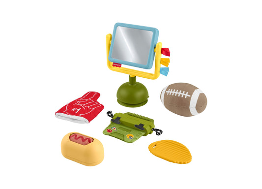 Fisher-Price Mini Me Moments Tiny Tailgater 6-piece set including mirror with stand, foam finger, football, hotdog plush, football field mat, and corn chip toy