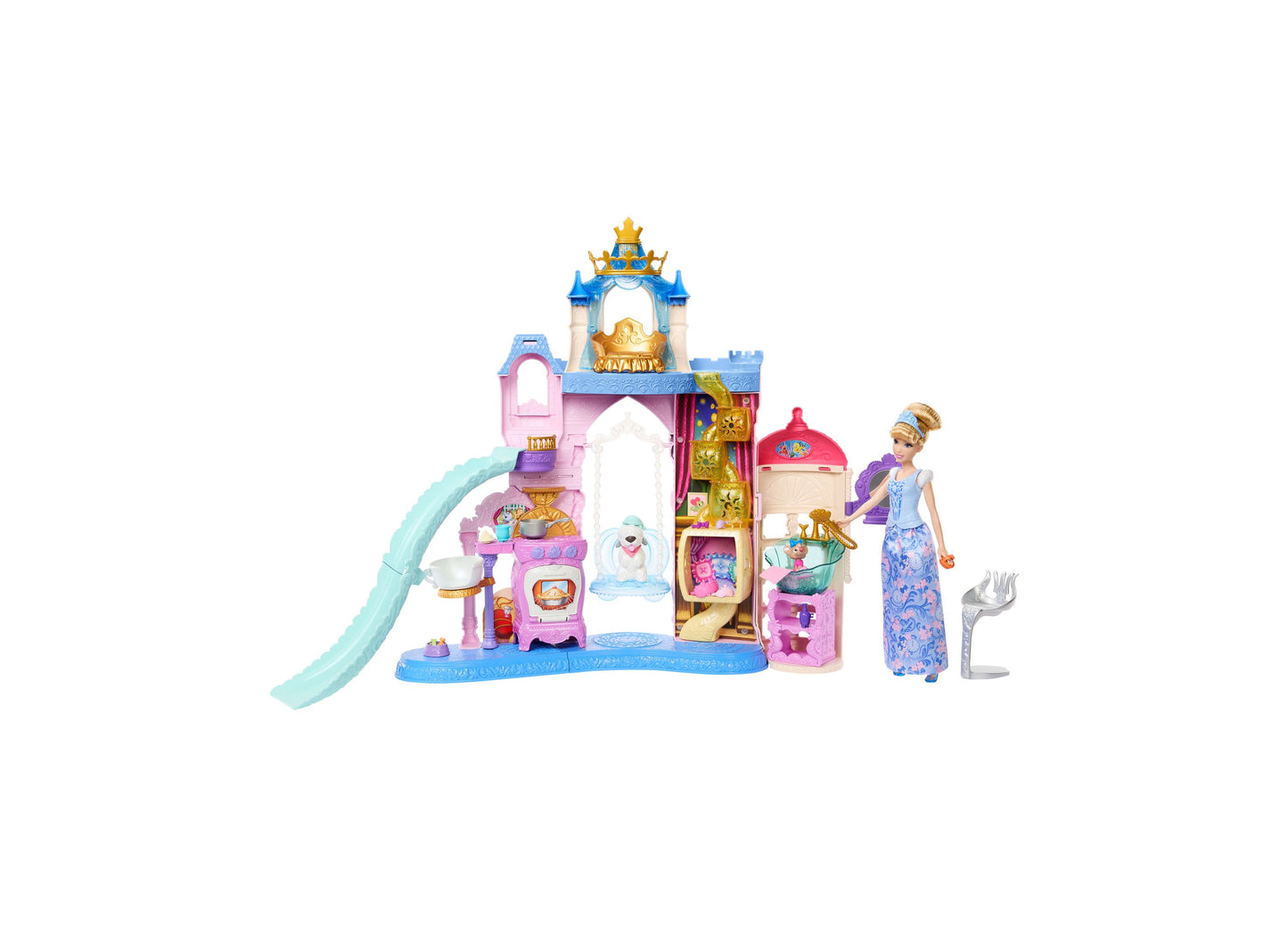 Disney Princess Pet Palace playset with turrets, slide, and pink structure, including Cinderella doll in blue gown and animal friend figures