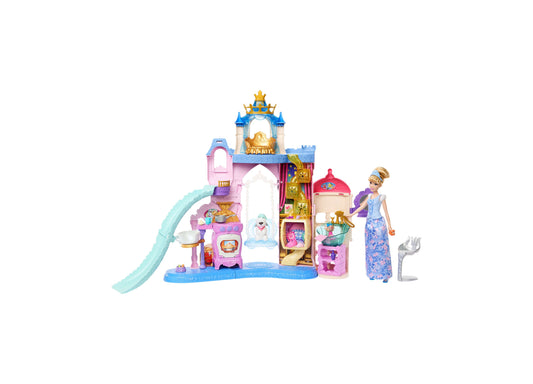 Disney Princess Pet Palace playset with turrets, slide, and pink structure, including Cinderella doll in blue gown and animal friend figures
