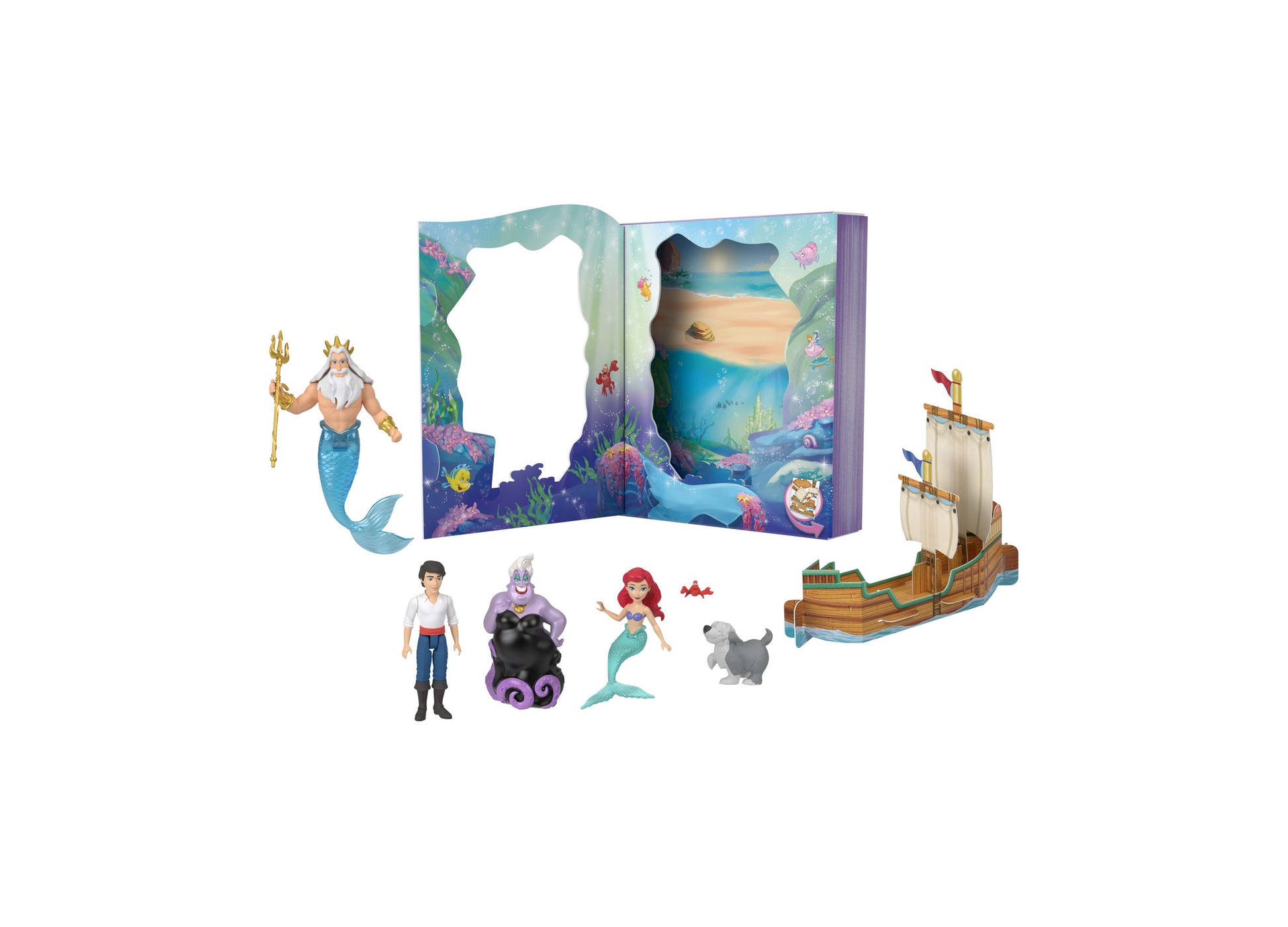 Disney Princess Ariel Mermaid 6-figure storybook set with King Triton, Prince Eric, Ursula, Ariel, animal companions, and ship playset on plain background