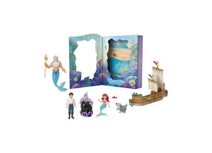 Disney Princess Ariel Mermaid 6-figure storybook set with King Triton, Prince Eric, Ursula, Ariel, animal companions, and ship playset on plain background