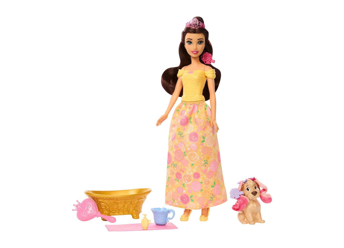 Belle fashion doll wearing yellow off-shoulder top and floral skirt with pink tiara, shown with golden bowl, blue teacup, pink accessories, and tan dog with pin
