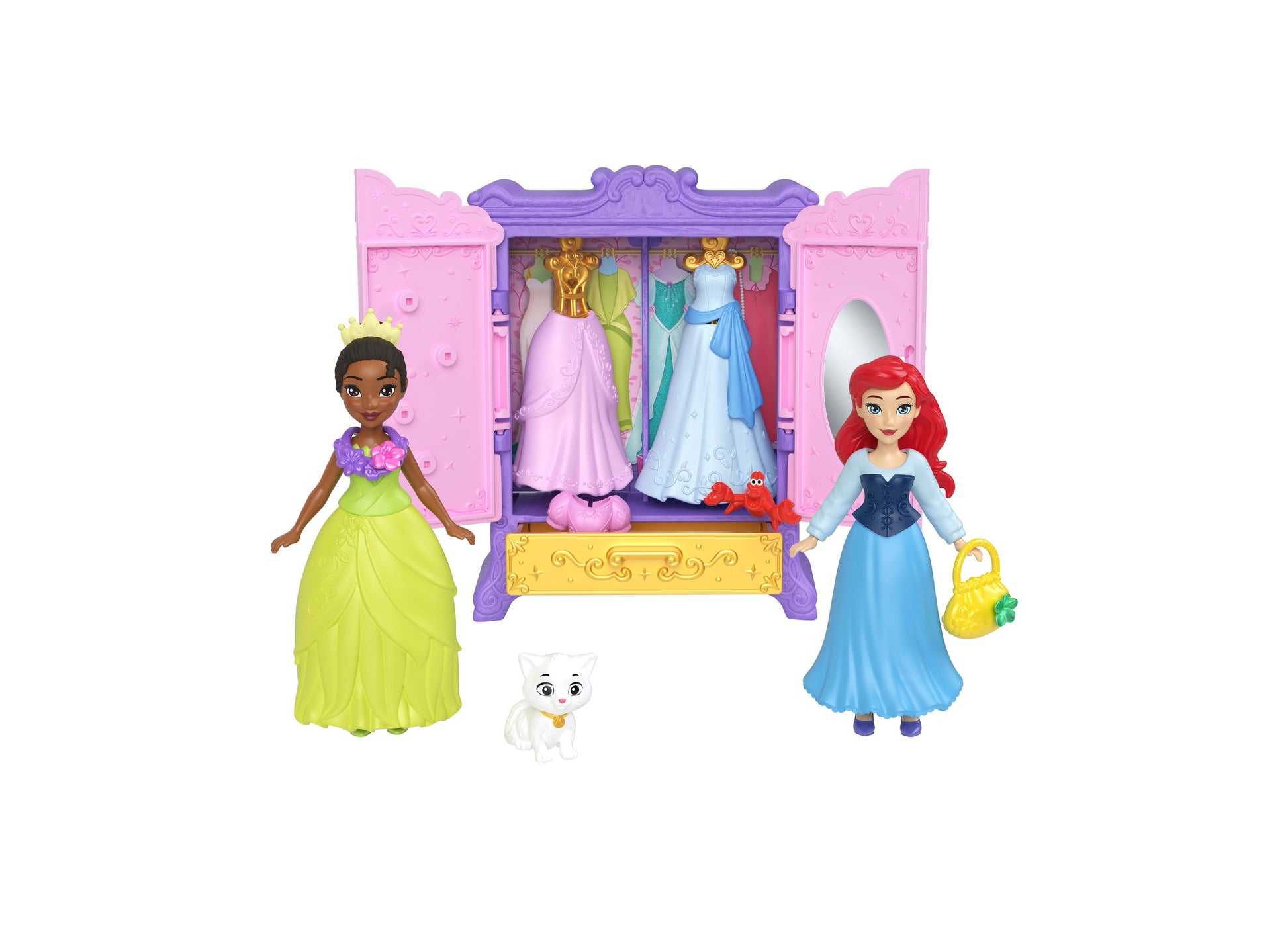 Disney Princess Royal Wardrobe Set with Ariel and Tiana dolls, pink wardrobe case with purple crown top displaying dresses, accessories, and white cat figure