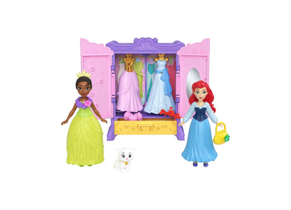 Disney Princess Royal Wardrobe Set with Ariel and Tiana dolls, pink wardrobe case with purple crown top displaying dresses, accessories, and white cat figure