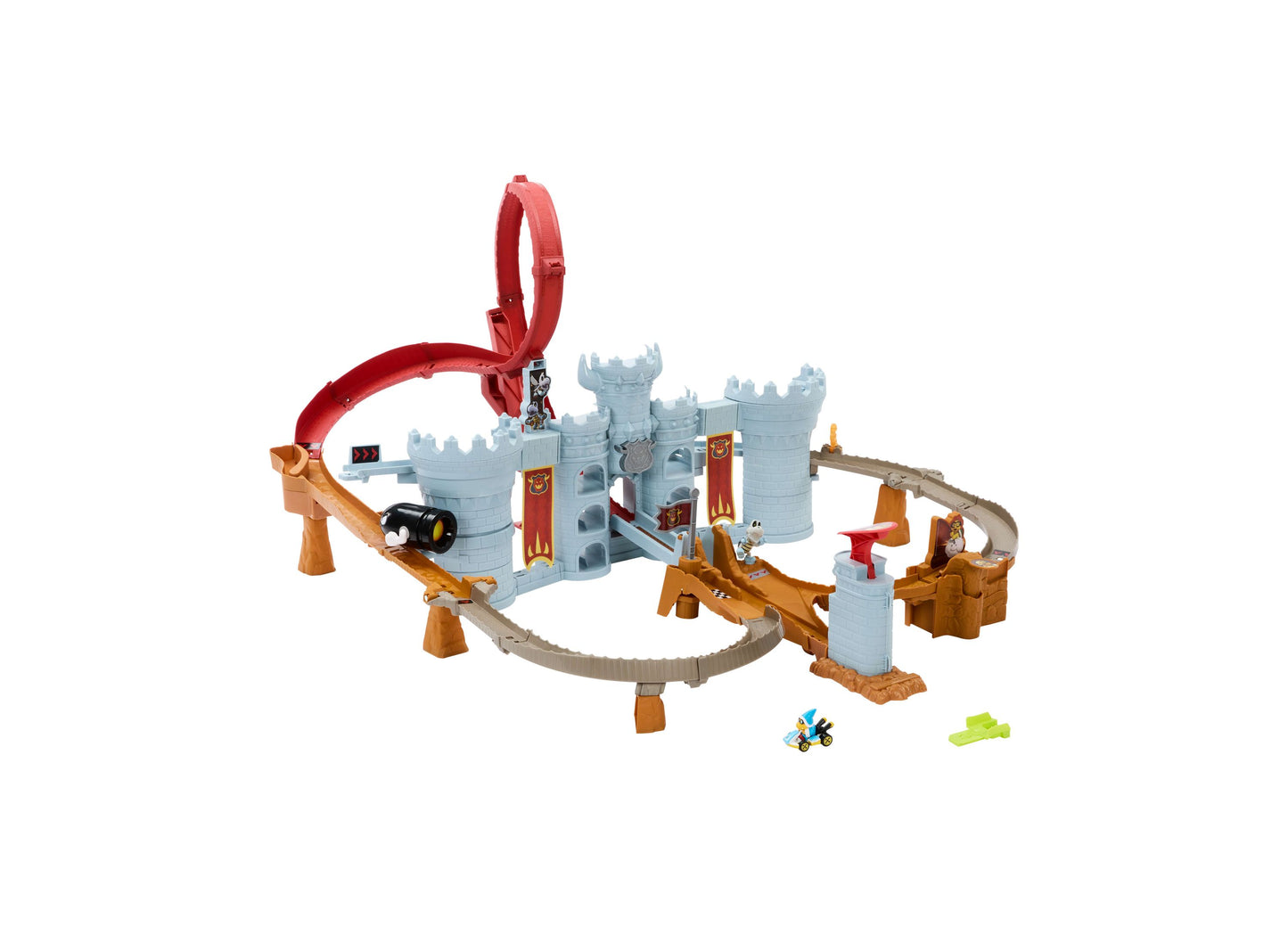 Hot Wheels Mario Kart Bowser's Castle track set with light blue castle towers, tan wooden supports, red loop-de-loop, and included Kamek die-cast vehicle