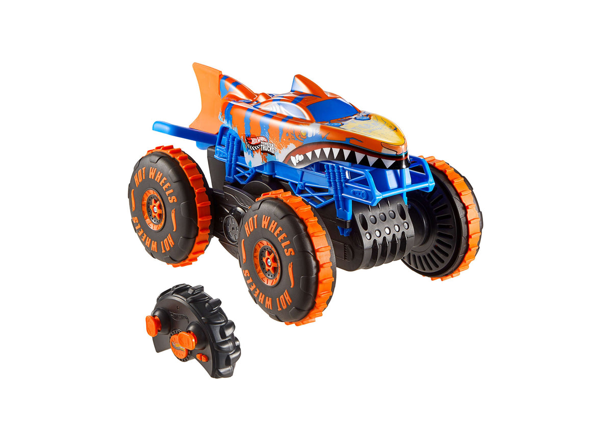 Hot Wheels Monster Trucks Tiger Shark Climber RC Vehicle with remote control, featuring orange and blue shark-tiger d...