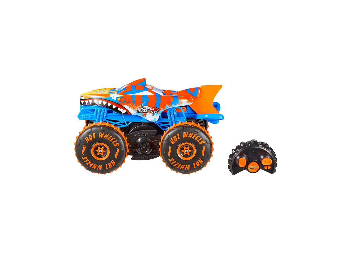 Hot Wheels Monster Trucks Tiger Shark Climber RC Vehicle with orange and blue shark design and remote control