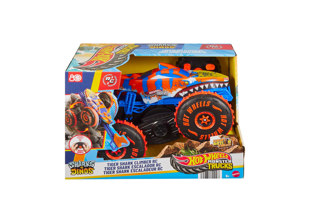 Hot Wheels Monster Trucks Tiger Shark Climber RC Vehicle with orange and blue shark-themed design, large black tires,...