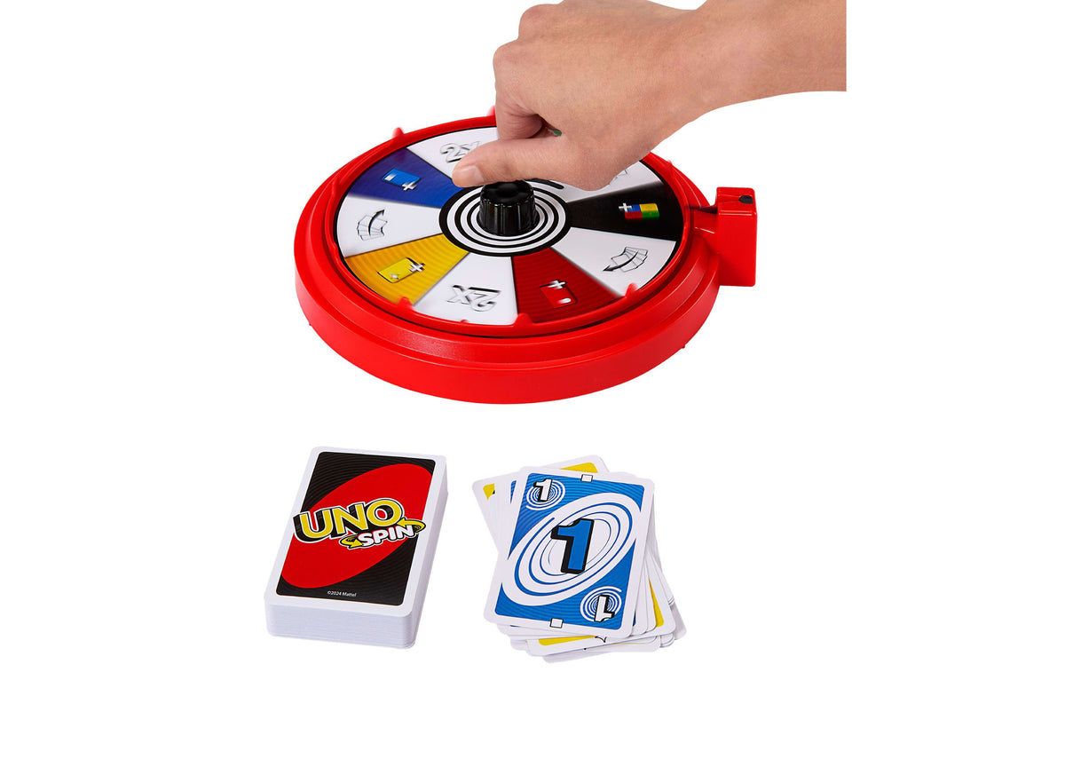 Mattel UNO Spin Card Game with red spinner wheel and card decks for family play
