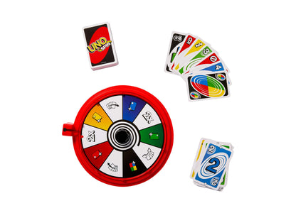 Mattel UNO Spin Classic Card Game with red spinner wheel, colorful action cards, and deck box