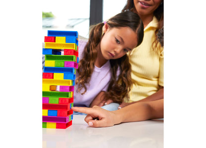 Mattel UNO Stacko Color & Number Matching Block Game with colorful stacked blocks in red, yellow, blue, green, and pink