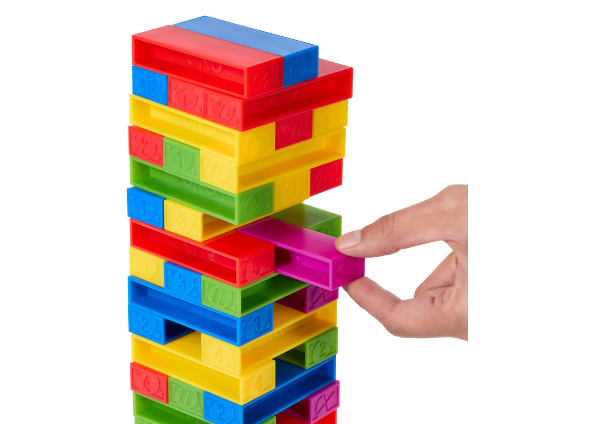 Mattel UNO Stacko Color & Number Matching Block Game with colorful stacked blocks in red, yellow, blue, and green, ha...