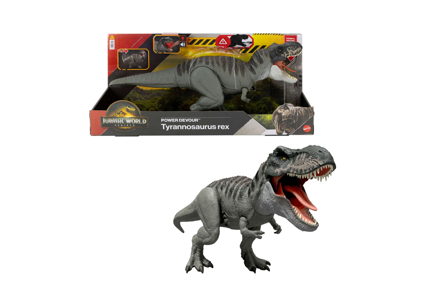 Jurassic World Power Devour Tyrannosaurus rex action figure in gray with articulated jaw, shown in packaging and loose on plain background