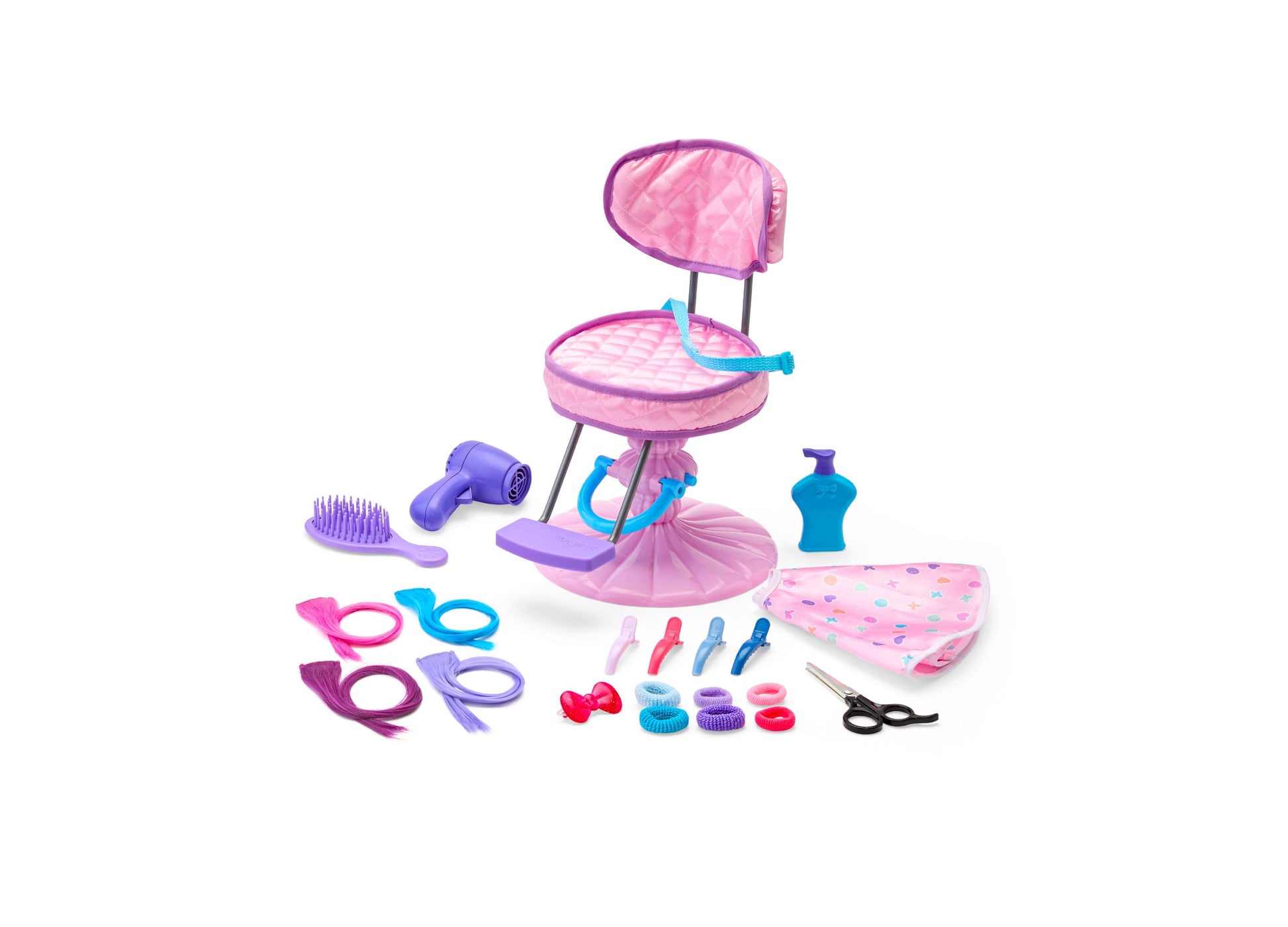 Pink doll hair salon chair with purple accents, includes blow dryer, hair clips, brush, spray bottle, scissors, hair clips in multiple colors, and other styling