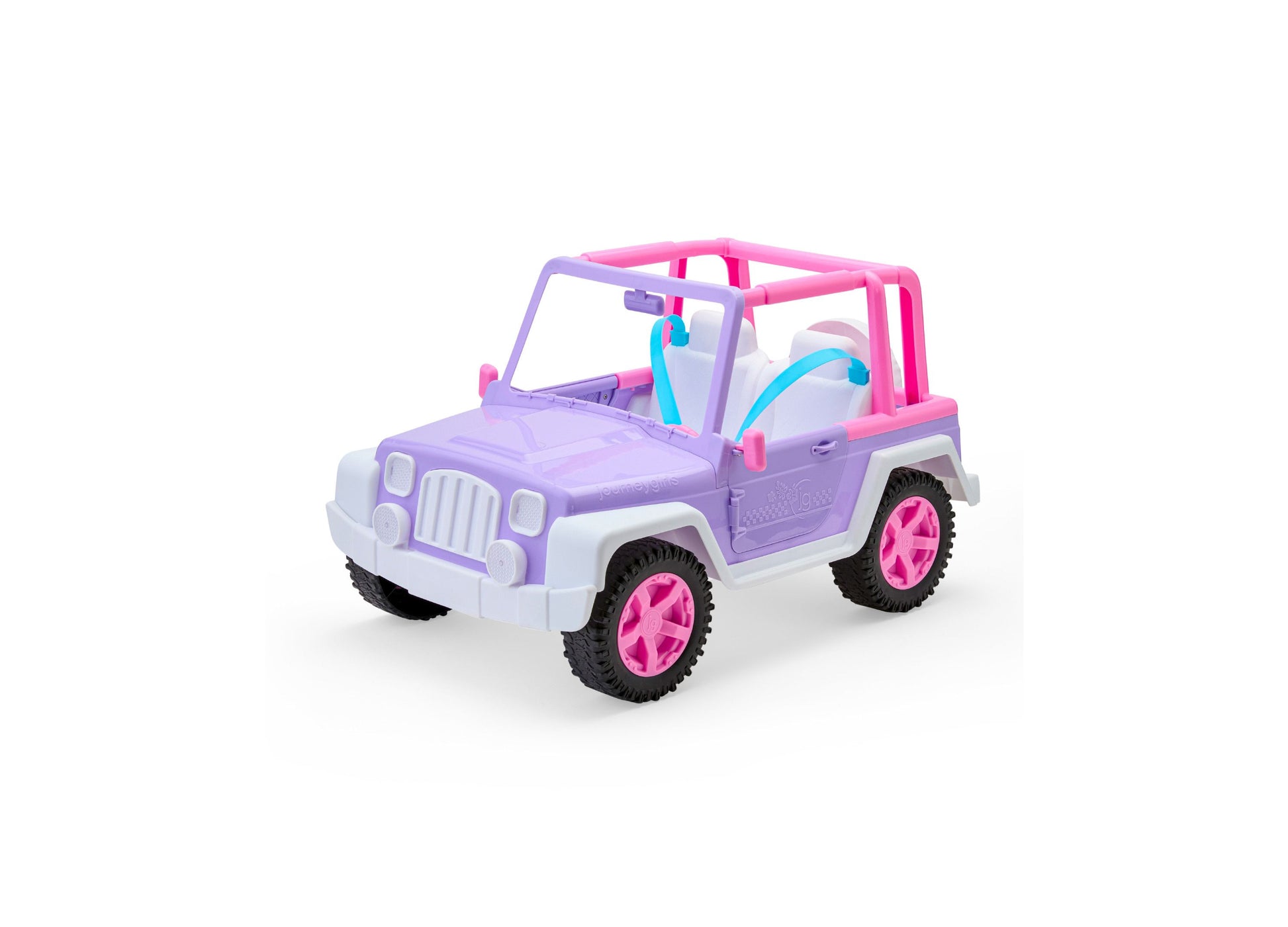 Purple and pink open-top jeep-style vehicle with white accents, pink wheels, and turquoise steering wheel, sized for 18-inch dolls