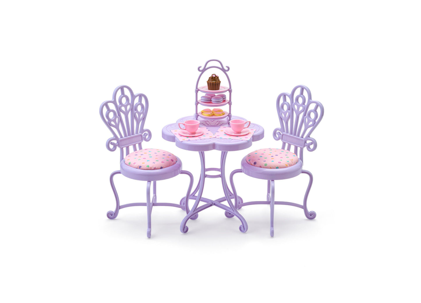 Purple ornate tea party playset with two chairs, round table, tiered pastry stand, teacups, and food accessories